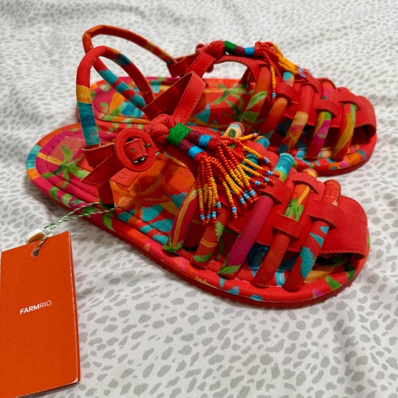 NWT! Farm Rio Tropical Orange Floral Tube Strap Sandal Size 8 - Picture 1 of 4